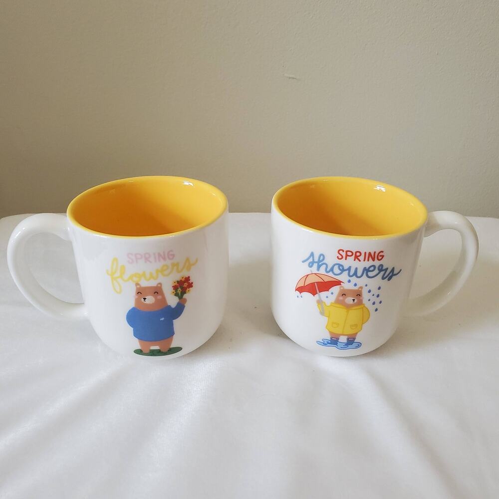 Set of 2 Caribou Coffee Spring Showers Spring Flowers 10 oz Coffee Tea Mugs